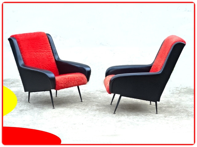 fauteuil design ERTON vintage 1960 en skaï noir et moumoute