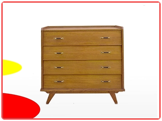 Commode vintage design incliné des années 1950 bois clair et pieds compas tiroirs inclinés. Poignées façon scoubidou