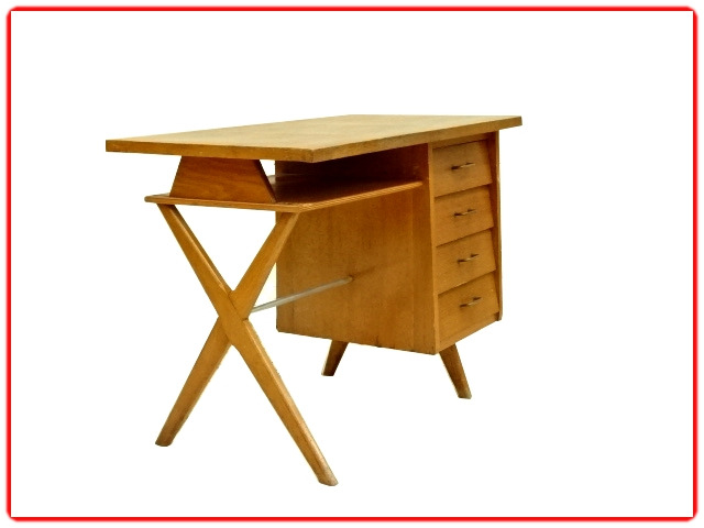 Bureau vintage pied en X et compas 1950