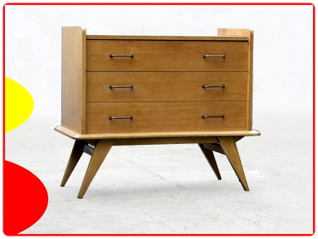 Commode vintage bois clair pieds compas