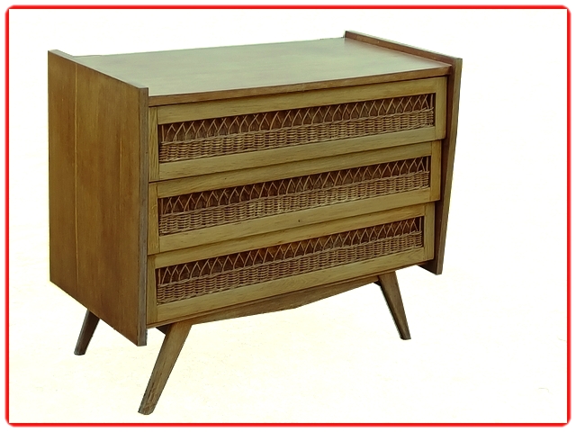 commode vintage pieds compas et rotin