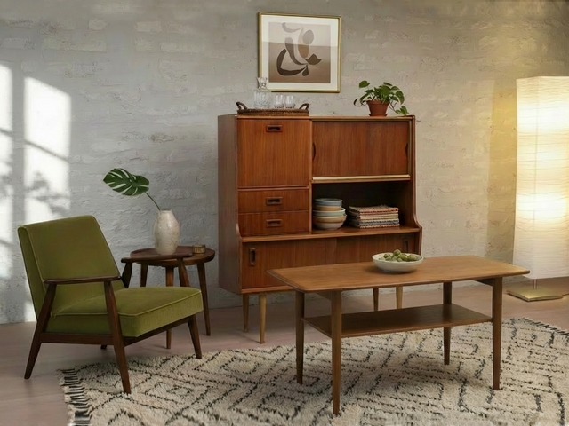 Buffet enfilade scandinave vintage 1960 en teck intégré dans un salon