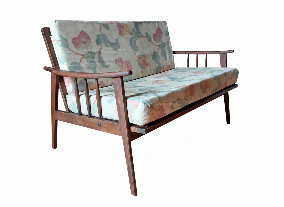 Banquette vintage scandinave bois massif 1950 pieds compas