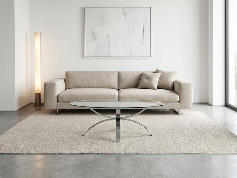 Table basse design 1980 en verre et chrome intégrée dans le salon