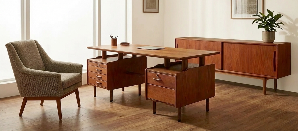Bureau Jacques Hauville en teck double-face 1950 design scandinave. Vie Antérieure 79